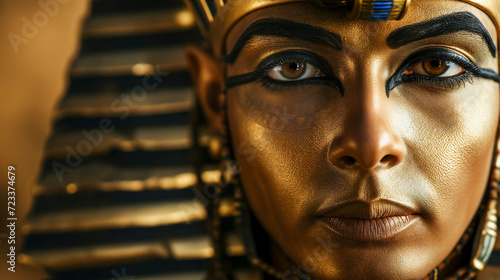 Female pharaoh from ancient Egypt with golden facial paint and traditional Egyptian eye makeup. photo