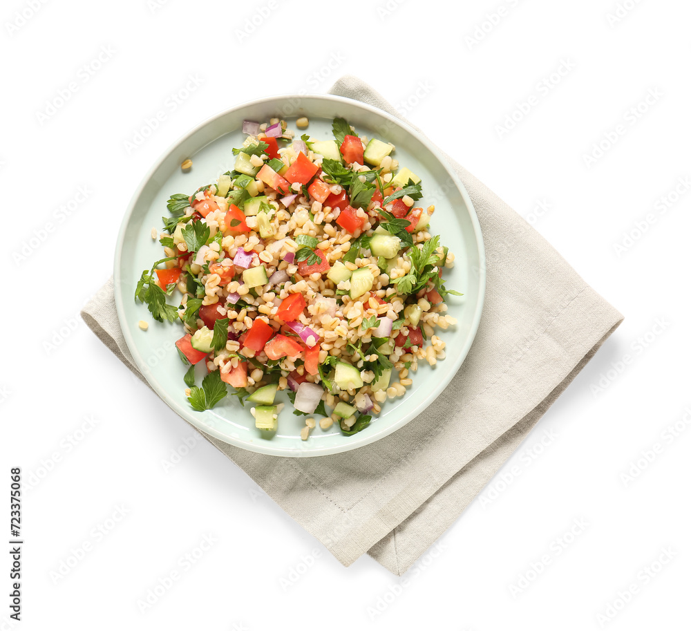 Plate with delicious tabbouleh salad on white background Plate with delicious tabbouleh salad on white background