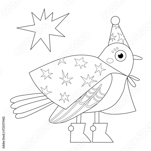 Children's coloring book. Cute bird dressed as a magician. Vector coloring page