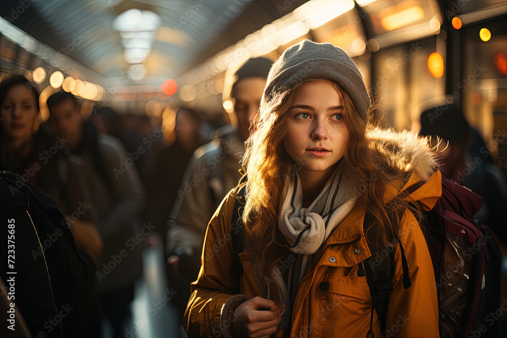 Ethereal Encounter: A Visionary Woman Standing Amidst the Whir of a Subway Train Platform