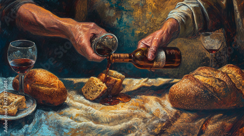 Ancient Tones of Communion: Illustration of Bread and Wine Being Handled in a Paschal Concept photo
