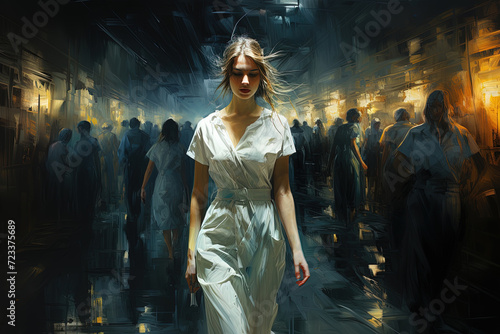 A Serene Stroll: A Captivating Painting of a Woman Walking Gracefully Along a Tranquil Street