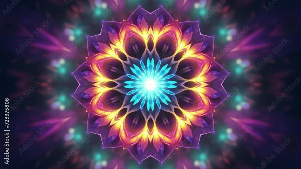 Glowing multicolor mandala with an abstract peaceful kaleidoscopic pattern. Glowing multicolor mandala with an abstract peaceful kaleidoscopic pattern.