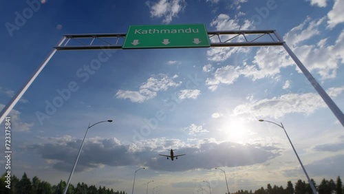 Kathmandu City Road Sign - Airplane Arriving To Kathmandu Airport Travelling To Nepal photo