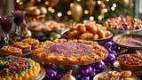 A festive Mardi Gras table setting featuring traditional King Cake, beignets, and other delicacies, surrounded by colorful decorations, beads, and masks