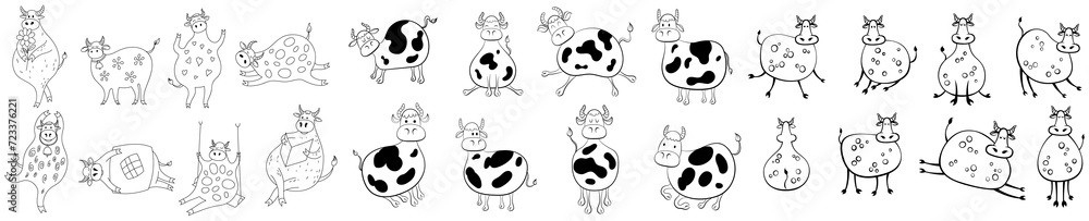 Obraz premium Set of farm animals hand drawn. Illustration of cow poses isolate on white doodle style.