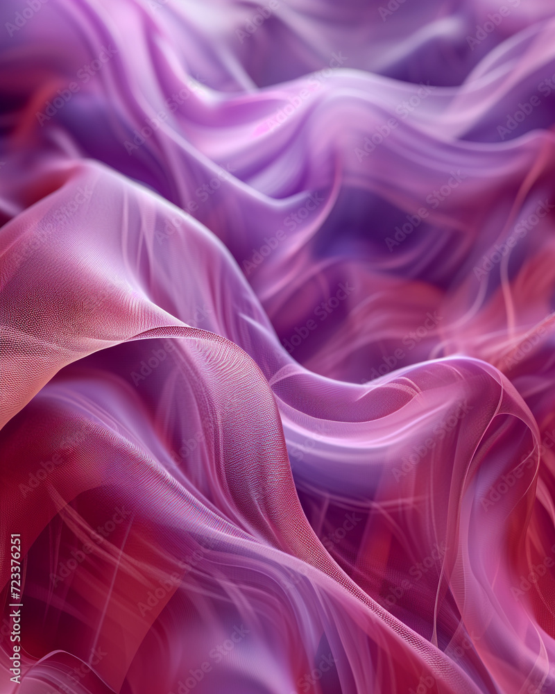 Fototapeta premium Abstract purple fabric texture with wave patterns and orange highlights.