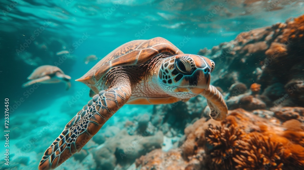 Obraz premium Underwater Turtles, Serene image of sea turtles swimming underwater, highlighting the beauty of marine ecosystems.