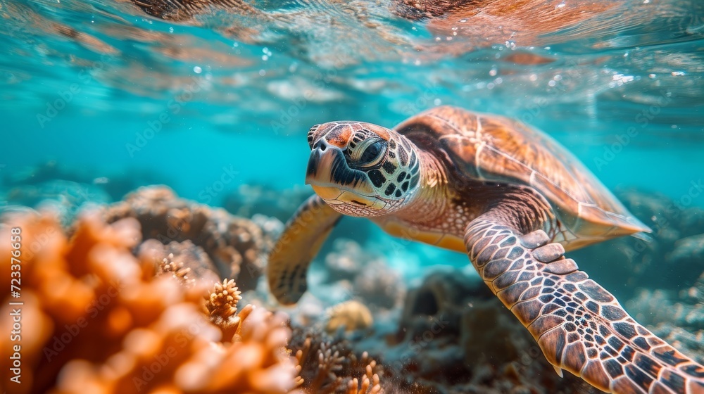 Underwater Turtles, Serene image of sea turtles swimming underwater, highlighting the beauty of marine ecosystems. Underwater Turtles, Serene image of sea turtles swimming underwater, highlighting the beauty of marine ecosystems.