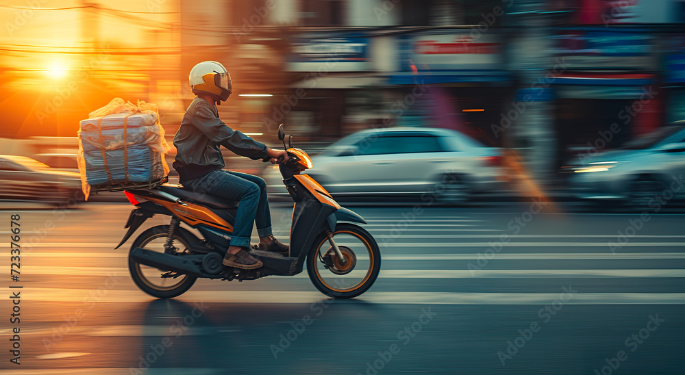Delivery motoboy speeding at sunset. City biker. Delivery motoboy speeding at sunset. City biker.