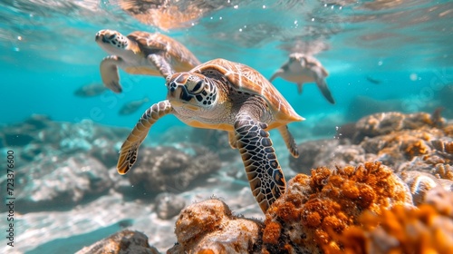 Underwater Turtles, Serene image of sea turtles swimming underwater, highlighting the beauty of marine ecosystems. photo