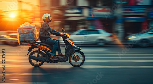 Delivery motoboy speeding at sunset. City ​​biker. © Ivan Acedo