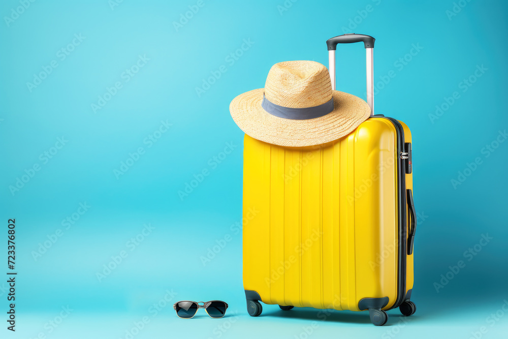 Obraz premium Travel mock up background. Yellow suitcase with summer straw hat on the bright blue background