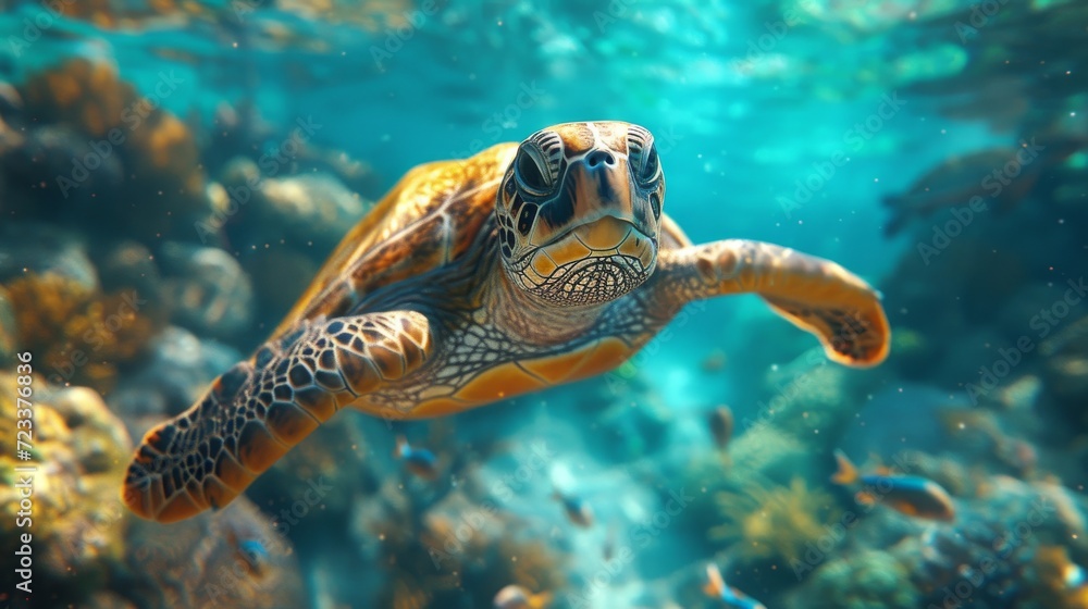 Obraz premium Underwater Turtles, Serene image of sea turtles swimming underwater, highlighting the beauty of marine ecosystems.
