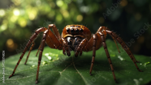 A large brown spider sits on a green leaf in the sun