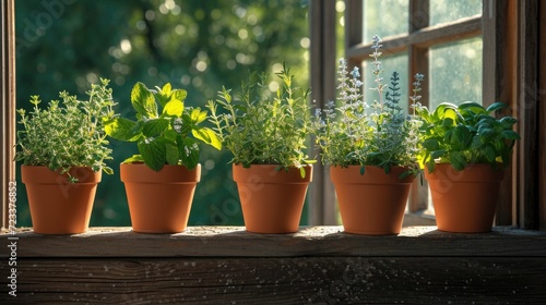 a variety of potted spicy herbs such as spearmint, rosemary, and thyme, thrive on a wooden windowsill photo