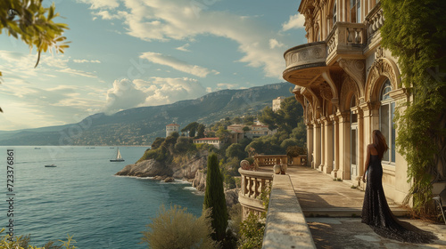 Elegant woman standing on a vintage terrace overlooking a serene sea with sailboats and a rocky coastline. photo