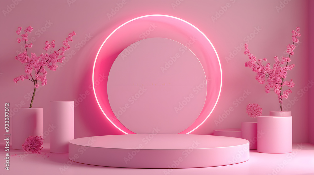 3d render, abstract minimal geometric forms, pastel pink background, round podium for product presentation 3d render, abstract minimal geometric forms, pastel pink background, round podium for product presentation