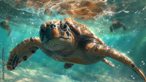 Underwater Turtles  Serene image of sea turtles swimming underwater  highlighting the beauty of marine ecosystems.