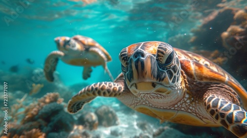 Underwater Turtles, Serene image of sea turtles swimming underwater, highlighting the beauty of marine ecosystems. © Nico