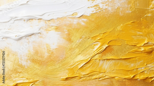 Gold abstract background with impasto texture. Photic brushstroke of oil painting close-up. Colorful gentle thick paint texture banner design, template social media creative backdrop