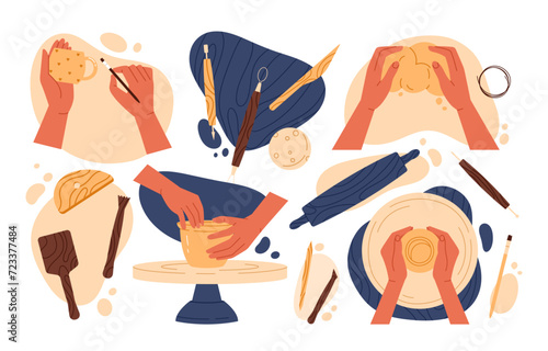 Pottery workshop set. Various tools for sculpting pottery. Equipment for pottery and ceramic clay. Handmade and hobby. Vector illustration in cartoon style. Isolated on white background
