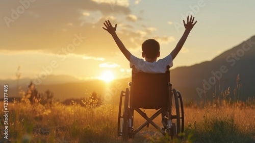 boy on his back in a wheelchair in a meadow with his arms open on a sunset