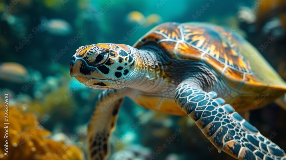 Obraz premium Underwater Turtles, Serene image of sea turtles swimming underwater, highlighting the beauty of marine ecosystems.