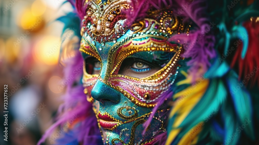 Close-up of an elaborate Mardi Gras mask adorned with feathers, sequins, and beads, showcasing the intricate artistry and tradition of the festival Close-up of an elaborate Mardi Gras mask adorned with feathers, sequins, and beads, showcasing the intricate artistry and tradition of the festival