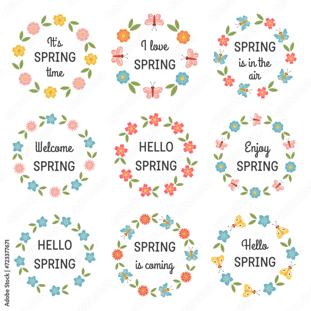 Hello spring collection of round stickers with floral botanic frames, flowers. Spring lettering. Happy Spring mood labels. Vector illustration for postcard, poster, gift tag, invitation.