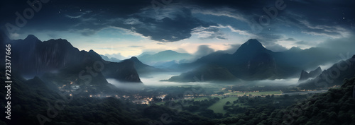 Panorama landscape of settlement or village in valley surrounded by mountains with fog and clouds photo