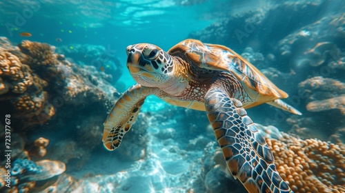 Underwater Turtles, Serene image of sea turtles swimming underwater, highlighting the beauty of marine ecosystems. © Nico