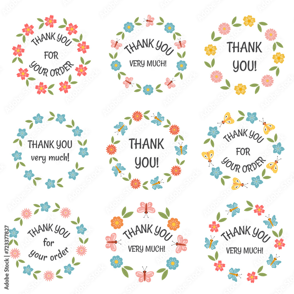 Thank you, appreciation round stickers with floral ornament and Thank you very much lettering. Printable labels, tags for gift, orders packaging, small business, florist, beauty. Give thanks. Thank you, appreciation round stickers with floral ornament and Thank you very much lettering. Printable labels, tags for gift, orders packaging, small business, florist, beauty. Give thanks.