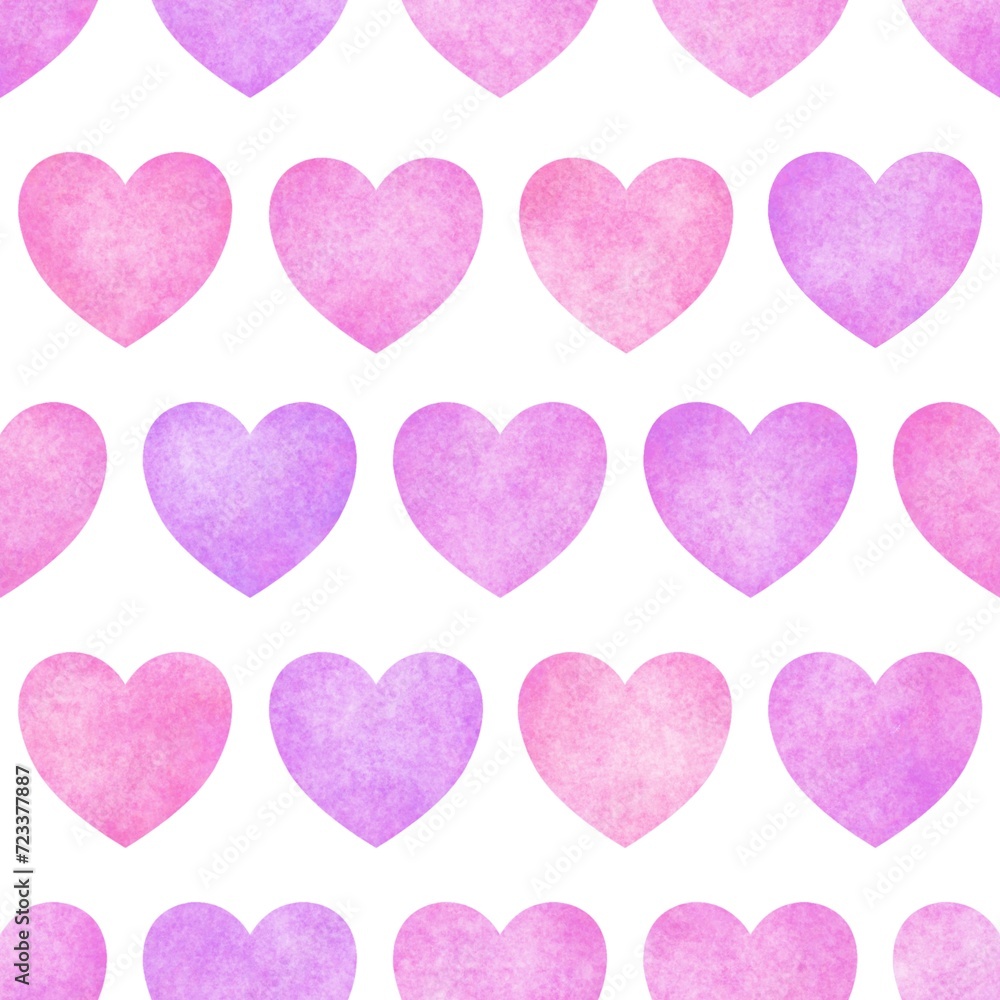 Pink hearts on white background, Seamless pattern, Watercolor, Fabric design, Wallpaper, Valentine's Day design 