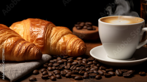 A cup of coffee and croissants