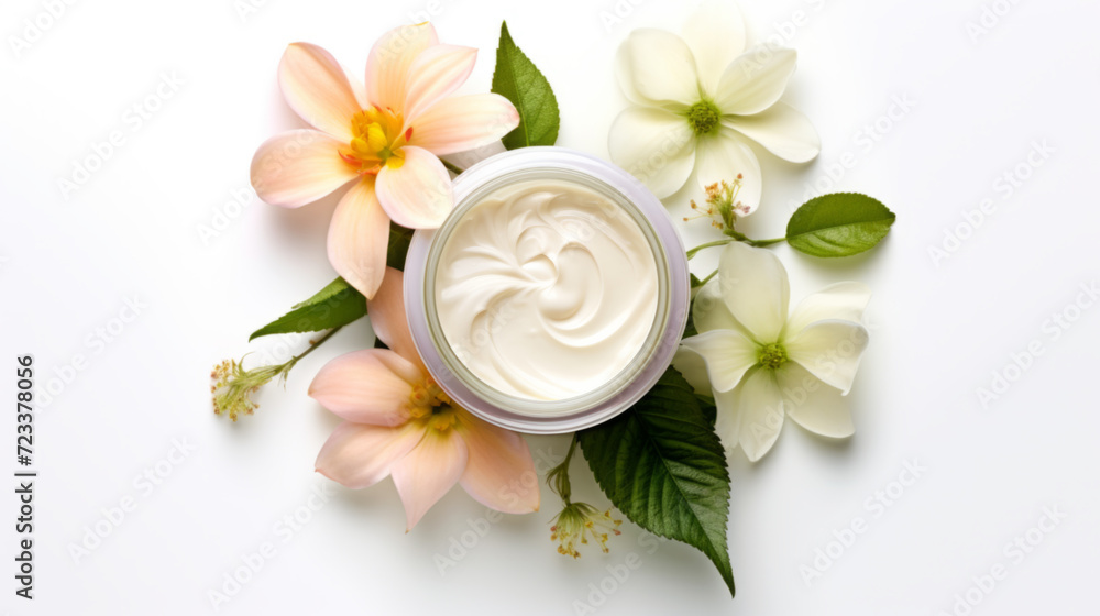 Jar with cream and flowers on white background, top view Jar with cream and flowers on white background, top view