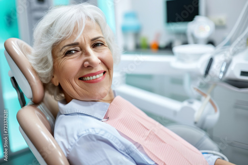 Successful dentist appointment. Attractive middle aged woman in dentist chair. She is in a healthcare setting with medical equipment visible in the background.