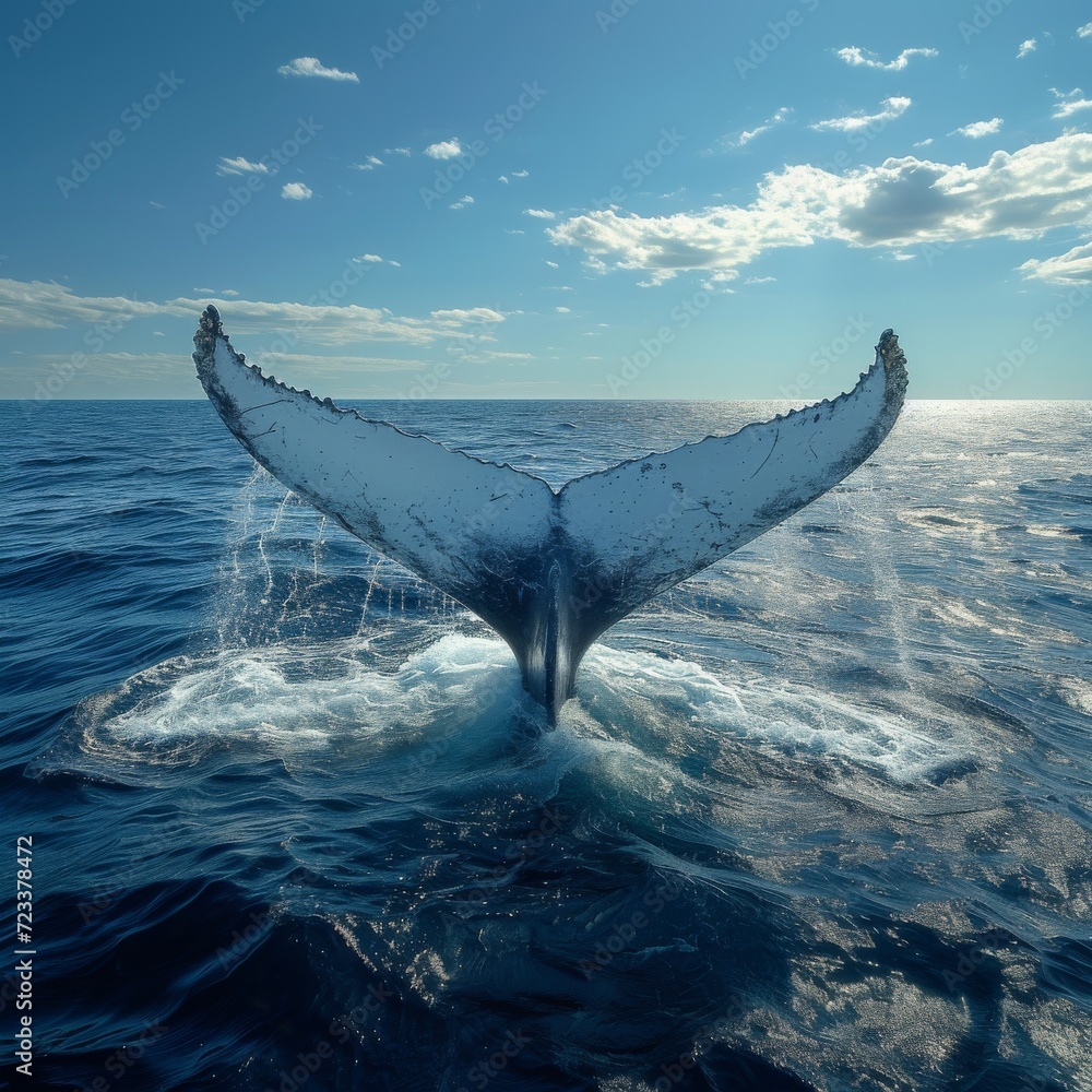 Fototapeta premium Whale Tail in Ocean, Majestic image of a whale's tail emerging from the ocean, representing the wonders of marine life.