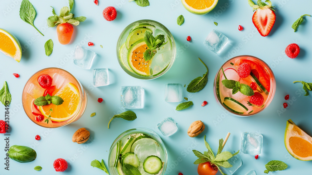 Fruit and vegetable cocktails on a pale blue background Fruit and vegetable cocktails on a pale blue background