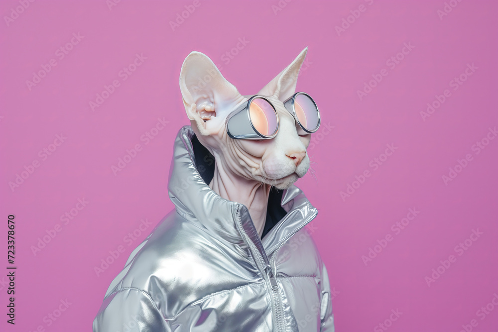 Obraz premium Sphynx Cat with Sunglasses, Silver Hoodie Fashion on Pink Background