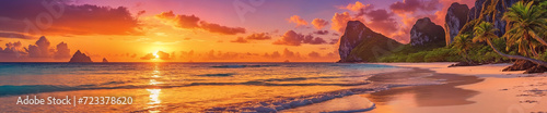 Captivating view of a colorful sunset  peaceful atmosphere at a tropical shore with lush greenery  clouds  and the ocean meeting the horizon
