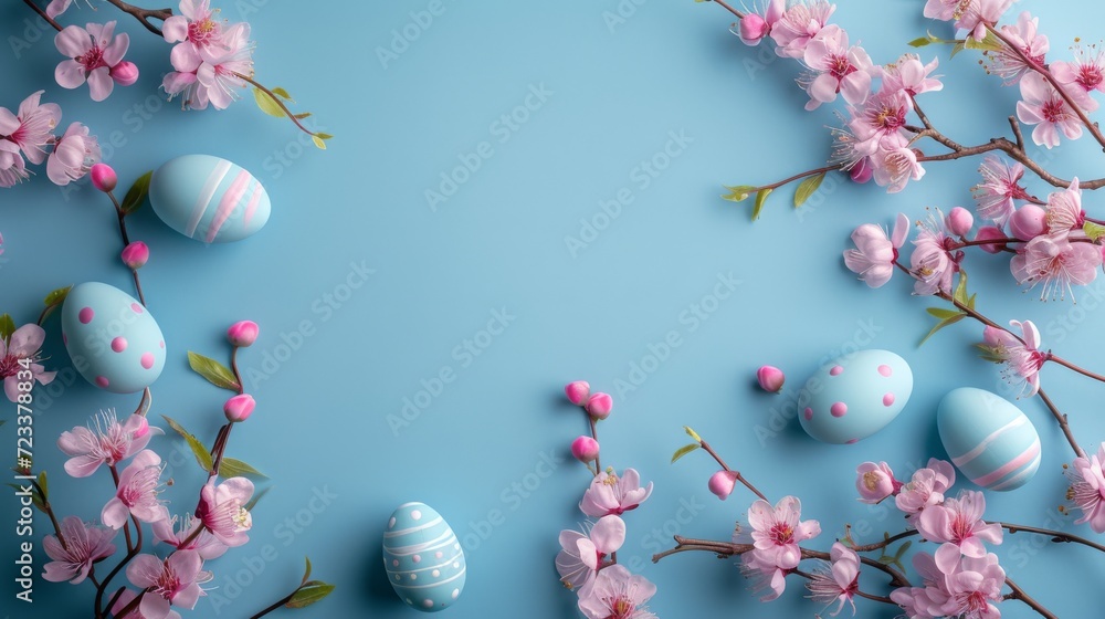 Amidst a sea of vibrant pink cherry blossoms, delicate blue and pink easter eggs bloom alongside elegant pink flowers, welcoming the arrival of spring with a burst of color and new beginnings