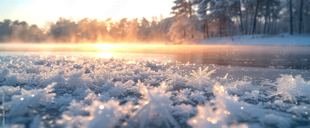 frozen lake in winter, Frosty Lakeside Morning, Delicate frost crystals blanket the edge of a tranquil lake, with a forest shrouded in mist and the soft glow of sunrise in the background - obrazy, fototapety, plakaty 