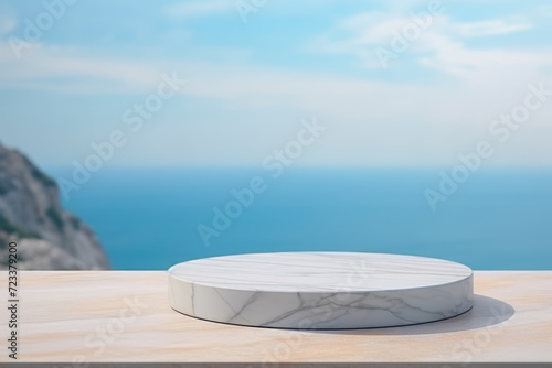 white marble podium with ocean sky background