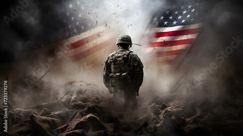 a soldier standing in front of an american flag with smoke