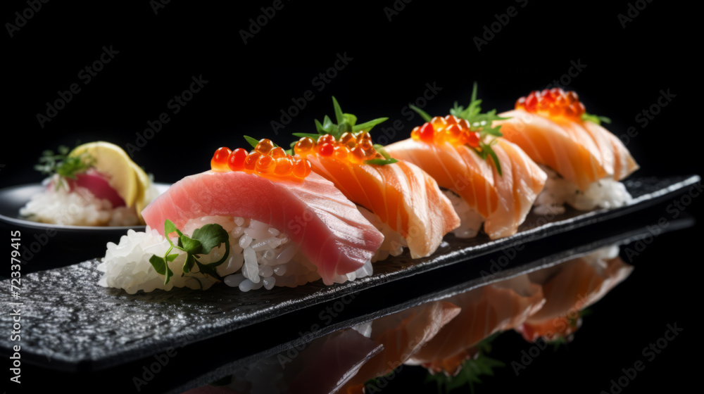 Side view of portion of Japanese sushi roll with caviar, avocado and salmon on top served on wooden board. Side view of portion of Japanese sushi roll with caviar, avocado and salmon on top served on wooden board.