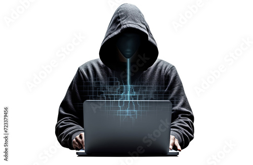 Hacker wearing a black hoodie and a mask, sits down with a laptop, hacks, and steals. Cybersecurity, harmful intentions, dark net fraud, Isolated on transparent background PNG.