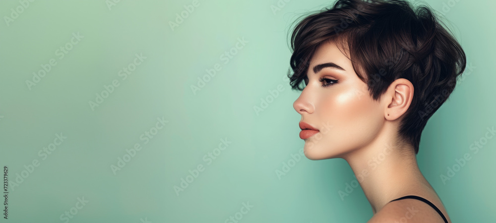 Young female model showing stylish short hairdo side view. Portrait of a beautiful girl with a short haircut. Grey background. Profile side view portrait of attractive dreamy girl. - obrazy, fototapety, plakaty 