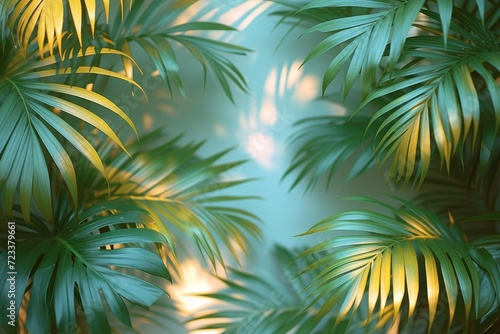 Vibrant hues of green and yellow dance upon a group of palm branches, each leaf a testament to the strength and beauty of terrestrial plants in the arecales family photo