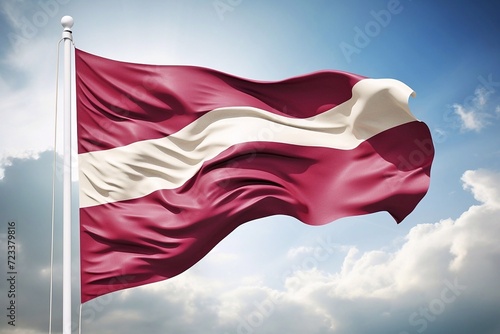 Latvia flag waving in the blue sky, close-up